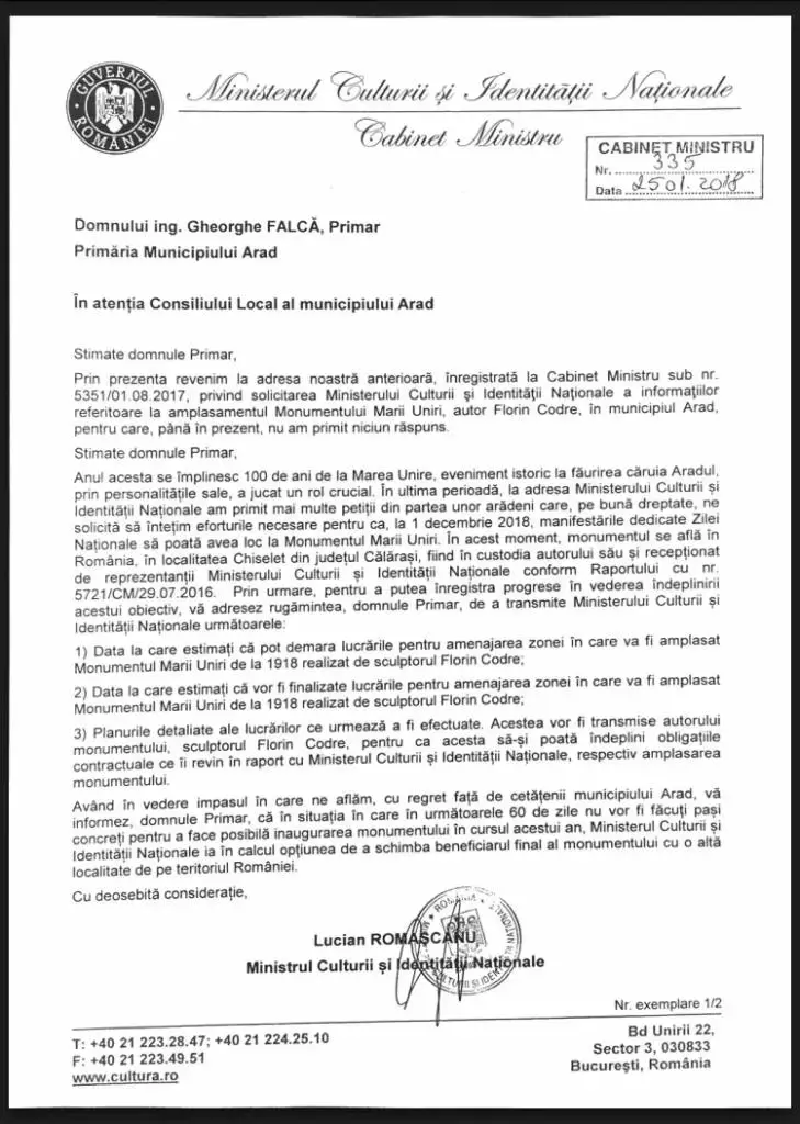 Ministrul Culturii îl ROAGĂ pe Falcă să facă ceva cu „Monumentul Marii Uniri”, dar îl SOMEAZĂ că dacă n-o va face în 60 de zile, lucrarea va fi amplasată în alt județ
