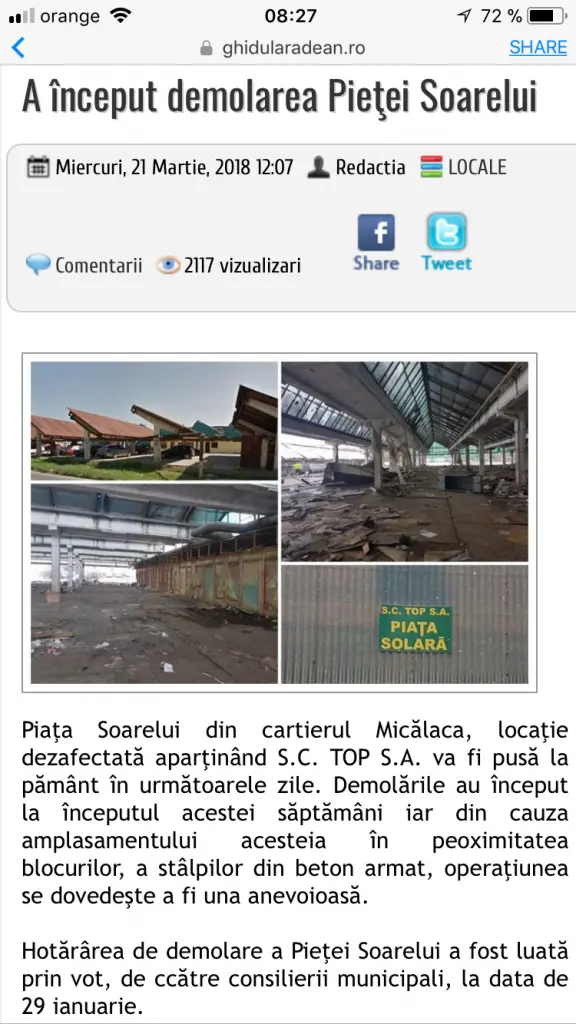 Cum se poate să DEMOLEZI o piaţă în municipiul Arad FĂRĂ AUTORIZAŢIE DE DEMOLARE?! Iată un exemplu: PIAȚA SOARELUI - o „manevră de Primărie” cu tupeu penal