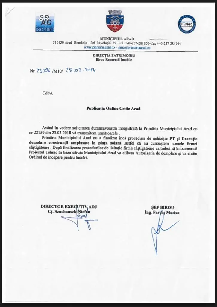 Cum se poate să DEMOLEZI o piaţă în municipiul Arad FĂRĂ AUTORIZAŢIE DE DEMOLARE?! Iată un exemplu: PIAȚA SOARELUI - o „manevră de Primărie” cu tupeu penal