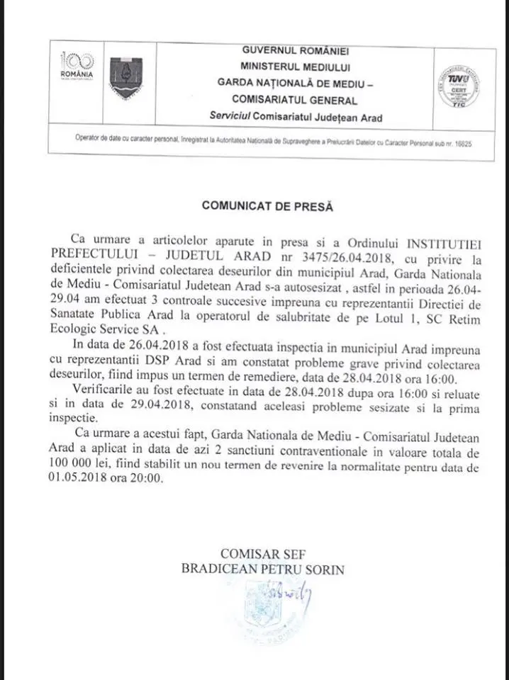 [ACTUALIZARE 3] GARDA DE MEDIU a amendat RETIM cu 100.000 de lei și a dat firmei de salubrizare un ULTIMATUM de „revenire la normalitate” până în seara de 1 MAI