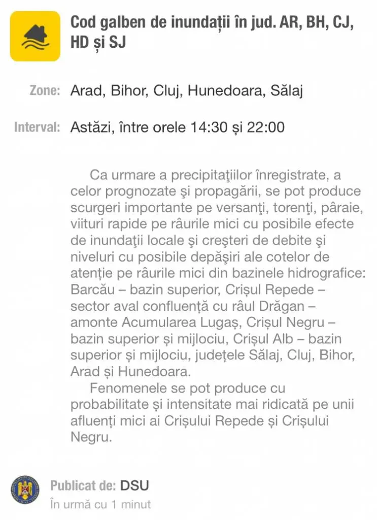 Cod GALBEN de INUNDAȚII pentru localitățile de pe valea Crișului Alb dintre Ineu și Gurahonț