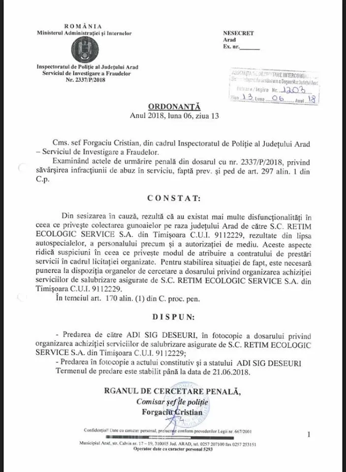 „S-a spart tomberonul”... pornind de la o „cârtiță”: Poliția a deschis DOSAR de URMĂRIRE PENALĂ împotriva S.C. RETIM ECOLOGIC. Serviciul de Investigare a Fraudelor anchetează „modul de atribuire a contractului de salubrizare” pe care Primăria Arad l-a încheiat cu firma timișoreană