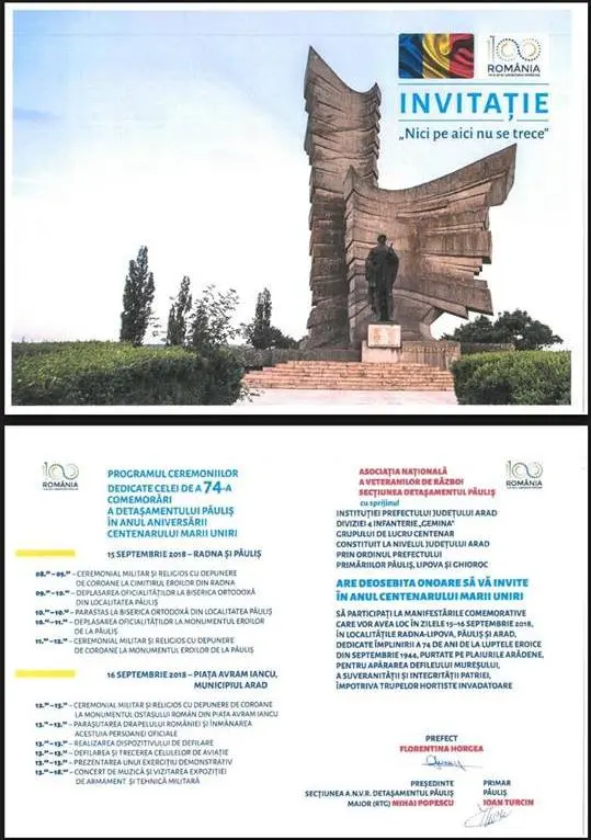 Ceremoniile dedicate celei de-a 74-a comemorări a Detașamentului Păuliș încep la Radna și se încheie la Arad [PROGRAM / RESTIRICȚII DE CIRCULAȚIE]