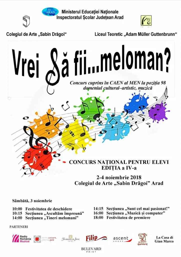 Concursul „Vrei să fii... MELOMAN?” a ajuns la ediția a IV-a. Sunt înscriși 270 de elevi de la 34 școli din județele Arad, Bihor, Bacău, Bistrița, Cluj, Covasna, Iași, Timiș și din Ungaria
