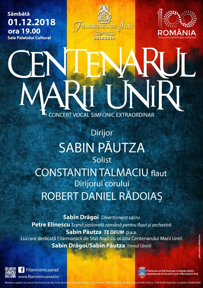 PREMIERĂ CULTURALĂ în seara de 1 DECEMBRIE. Unul dintre cei mai mari muzicieni ai LUMII, compozitorul Sabin PĂUTZA a scris, la inițiativa Filarmonicii Arad, un TE DEUM dedicat MARII UNIRI