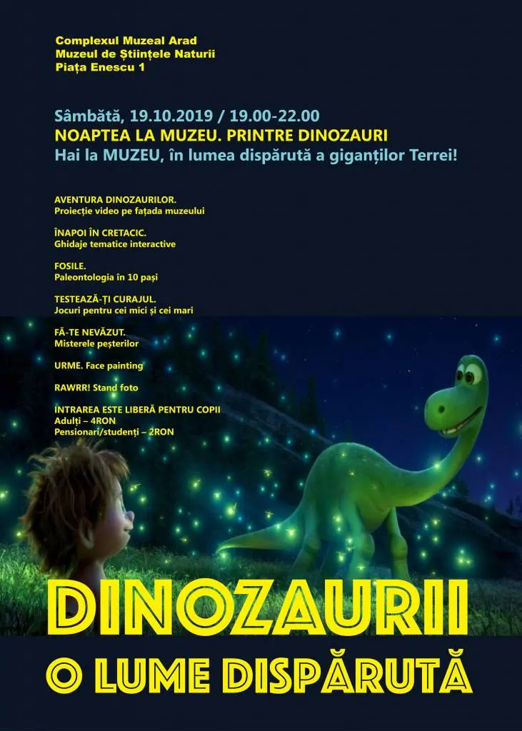 Ofertă culturală, de weekend, pentru copii: Giganții dispăruți ai Terrei - expoziții și proiecții video pe fațada muzeului despre misterioasa dispariție a dinozaurilor