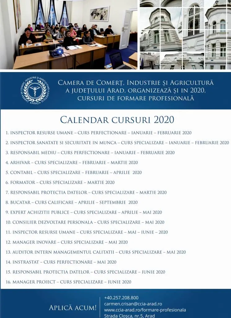 CURSURILE de formare profesională programate de Camera de Comerț pentru prima jumătate a anului 2020