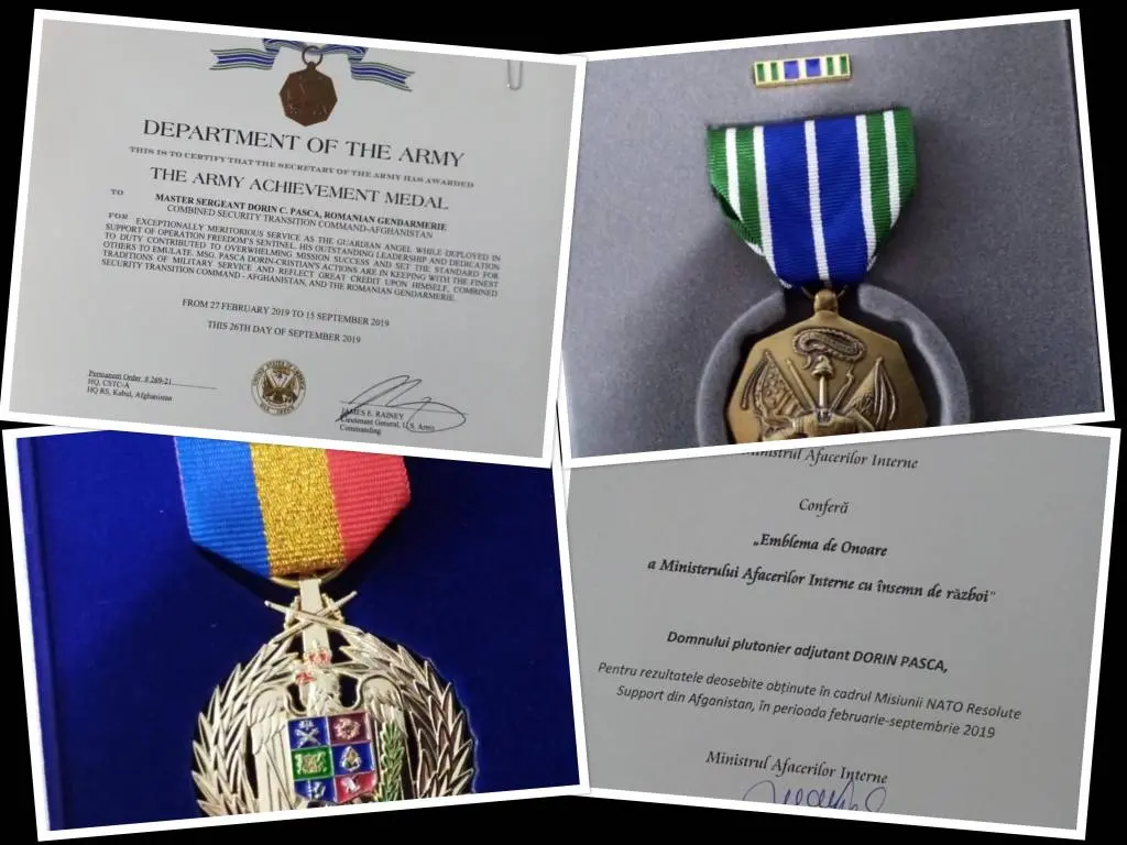 Jandarmul arădean Dorin PAȘCA a fost recompensat de Armata SUA cu distincția ,,THE ARMY ACHIEVEMENT MEDAL”
