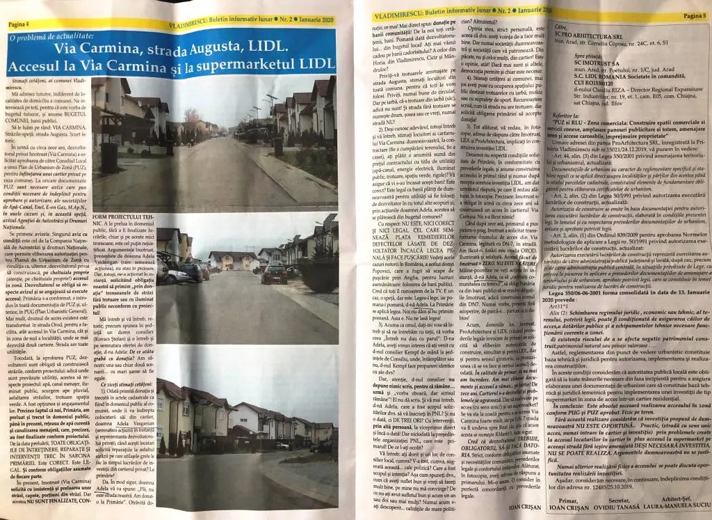 „Buletinul informativ lunar” editat de P.N.L., intitulat VLADIMIRESCU și semnat EXCLUSIV de primarul Ioan Crișan, este folosit drept mașină de SPĂLAT FRUSTRĂRI și ÎMPRĂȘTIAT SCUZE MINCINOASE în „Via Carmina”. Replica DEZVOLTATORULUI IMOBILIAR este o adevărată „bombă de presă”!