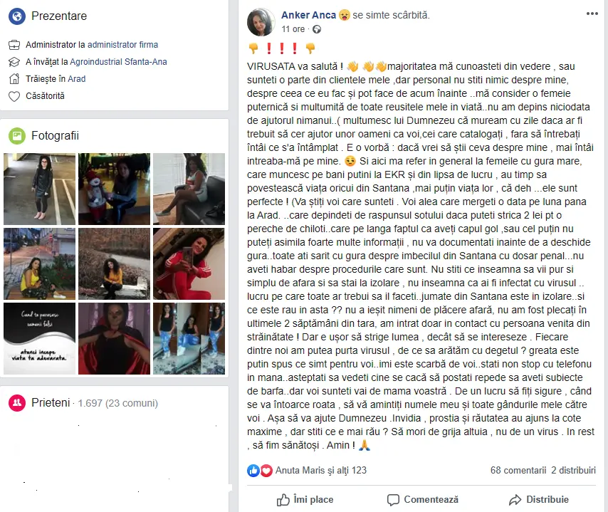 [ACTUALIZAZRE] „IMBECILUL din Sântana” care are dosar penal pentru ZĂDĂRNICIREA COMBATERII BOLILOR este, de fapt... DOI IMBECILI: un el și-o EA - care s-a BRAND-uit ca #VIRUSATA și, mare atenție, este FOARTE AGRESIVĂ!