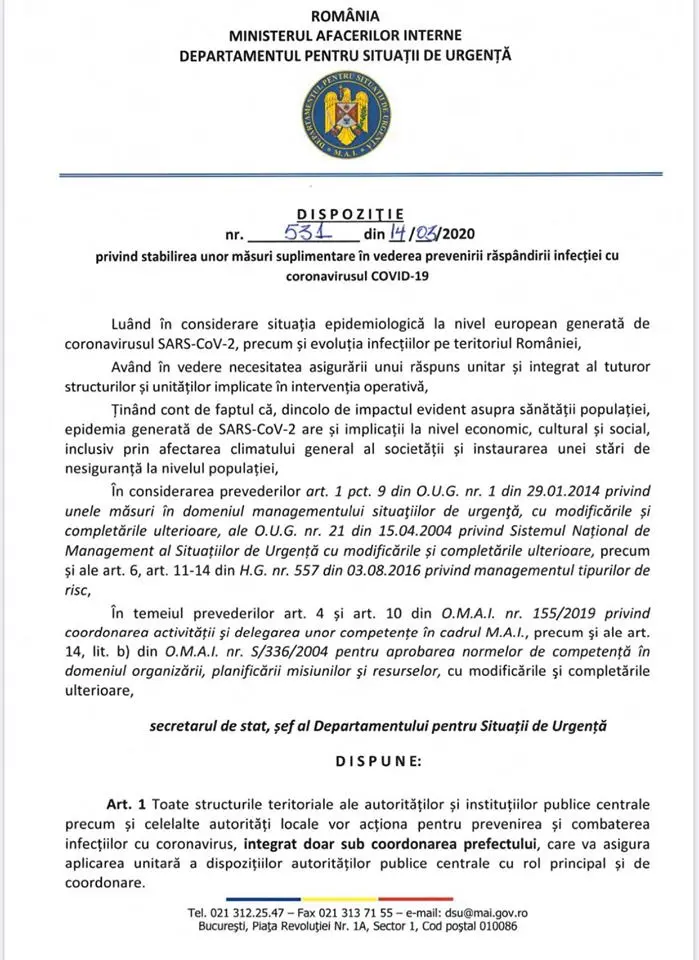 PREFECTUL devine un fel de „șef de stat major al panicii generale” conform DISPOZIȚIEI emise de D.S.U. „privind stabilirea unor măsuri suplimentare în vederea înfecției cu coronavirusul COVID 19”