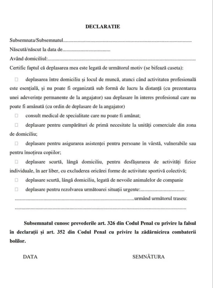 Prefecților li se INTERZICE COMUNICAREA referitoare la numărul de teste efectuate și a persoanelor depistate pozitiv la COVID-19. Orice persoană care își părăsește domiciliul NEJUSTIFICAT va semna o DECLARAȚIE!