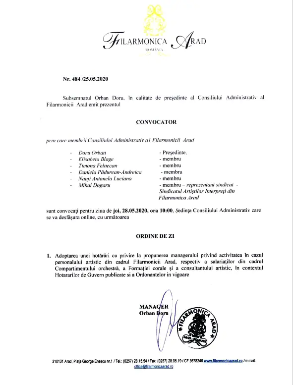 Ședința Consiliului de Administrație al Filarmonicii Arad – „o capodoperă a nimicului”