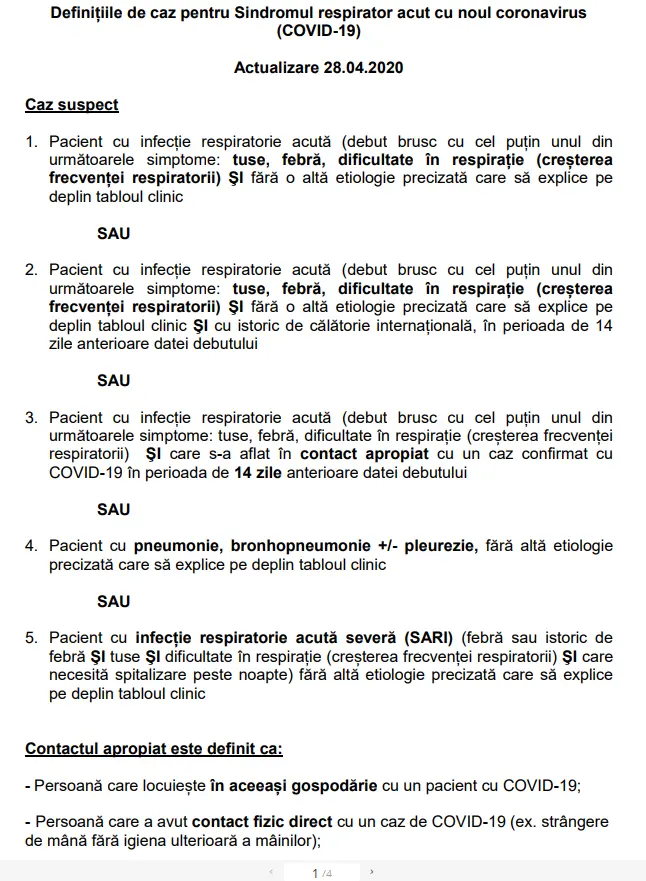 DEFINIȚIILE DE CAZ pentru Sindromul respirator acut cu noul coronavirus (COVID-19) ACTUALIZATE