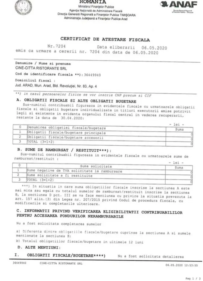 [ACTUALIZARE 2] Dovada afirmației mincinoase făcute de Gheorghe Falcă: Restaurantul Cine-Citta are DATORII ZERO [Vezi DOCUMENTE]