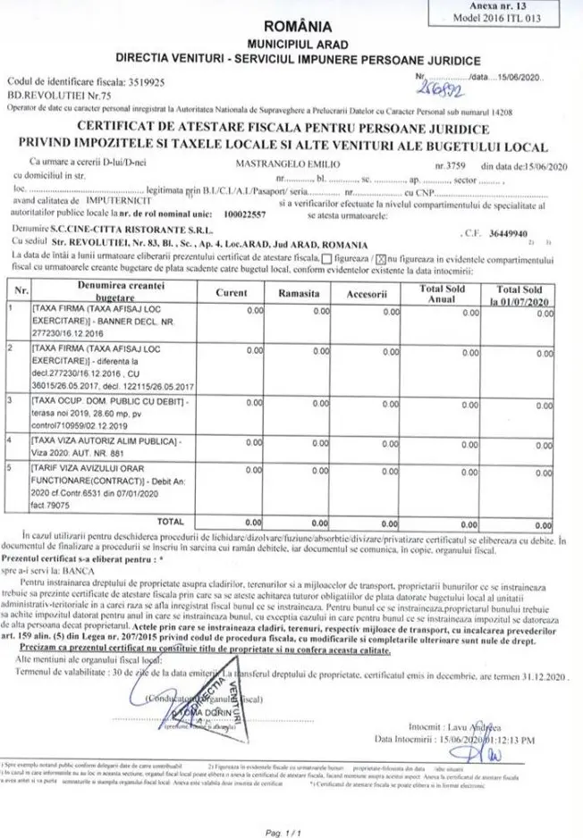 [ACTUALIZARE 2] Dovada afirmației mincinoase făcute de Gheorghe Falcă: Restaurantul Cine-Citta are DATORII ZERO [Vezi DOCUMENTE]