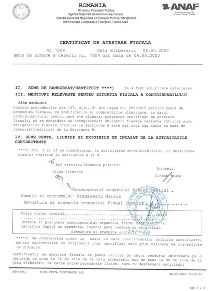 [ACTUALIZARE 2] Dovada afirmației mincinoase făcute de Gheorghe Falcă: Restaurantul Cine-Citta are DATORII ZERO [Vezi DOCUMENTE]