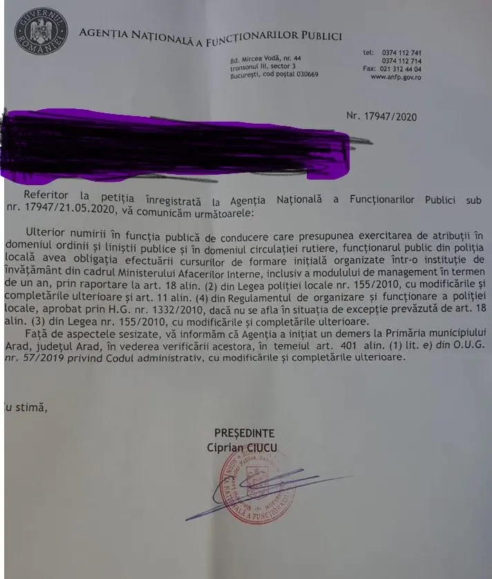 ANFP confirmă: „Directorul general al Poliției Locale are obligativitatea legală pentru a ocupa funcția să aibă programul de formare inițială urmat și certificatul de absolvire eliberat”. Adrian TOMA NU ÎNDEPLINEȘTE CONDIȚIILE deci ocupă ilegal această funcție!