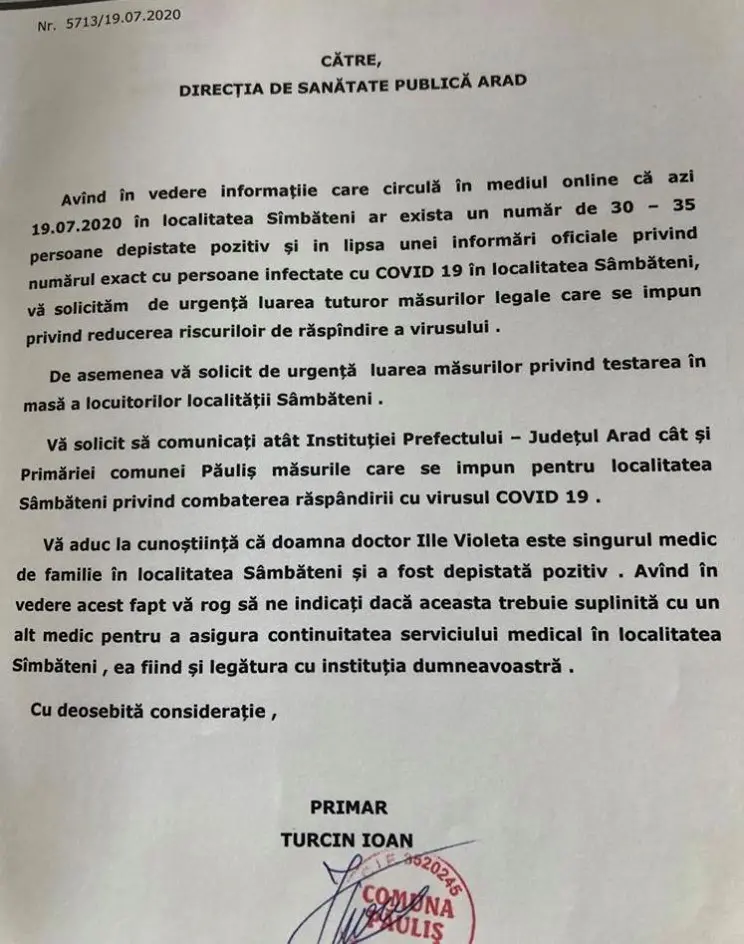 „Focarul Covid de la Sâmbăteni” - prilej de contre politice penibile între primarul PSD al comunei și conducerea PNL a județului
