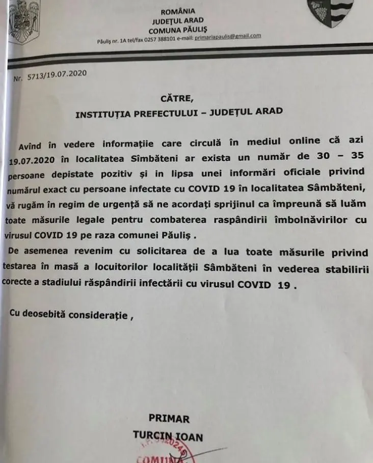 „Focarul Covid de la Sâmbăteni” - prilej de contre politice penibile între primarul PSD al comunei și conducerea PNL a județului