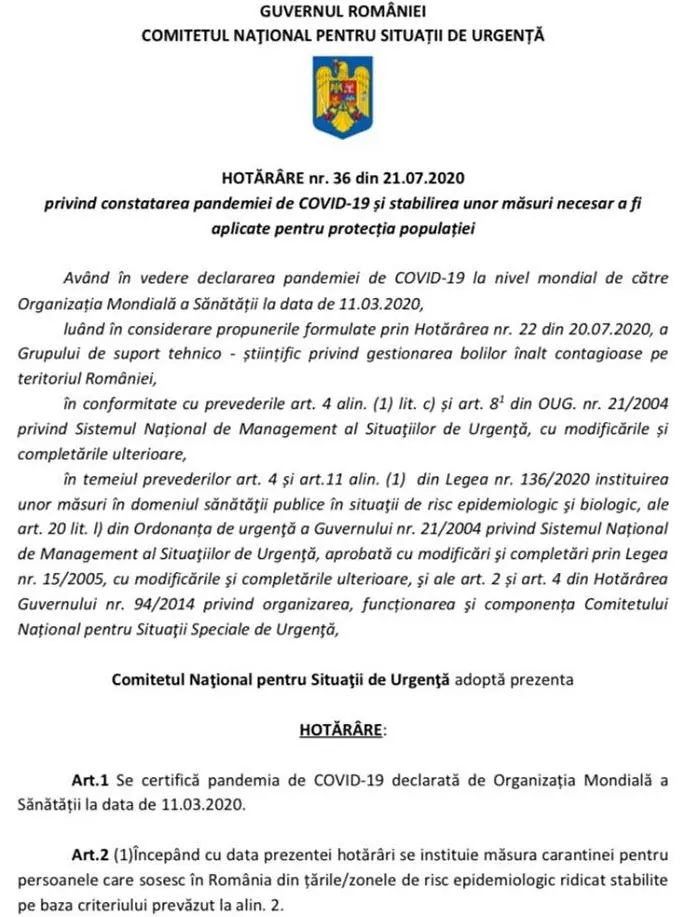 Legea CARANTINEI a intrat în vigoare. Guvernul a emis Hotărârea care stabilește MĂSURILE pentru „protecția” populației