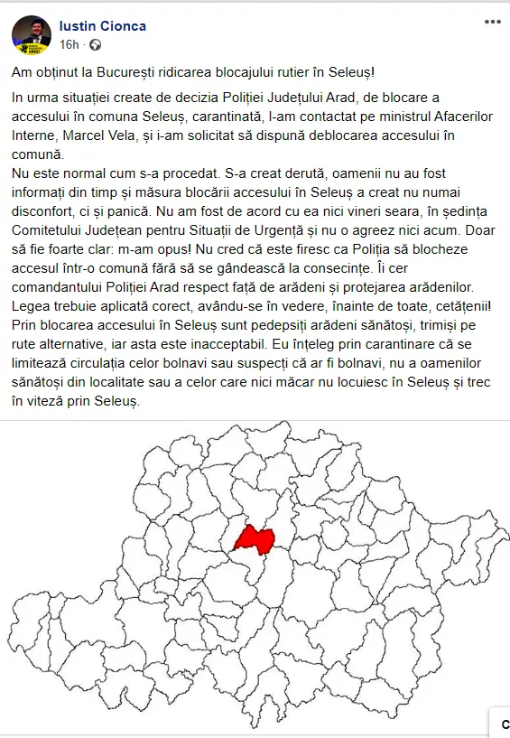 Iustin Cionca s-a trezit „înjurând poliția” pentru decizia „Comitetului” de a bloca drumul județean care traversează Seleușul carantinat. Un mesaj care instigă la nerespectarea unui ordin semnat de Raed Arafat