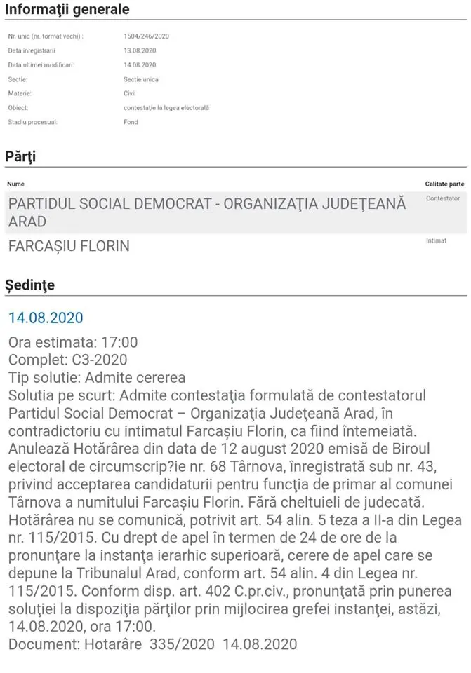 INSTANȚA de JUDECATĂ a decis: Florin FARCAȘIU e „afară din cărțile” pentru Primăria Târnova. CANDIDATURA i-a fost ANULATĂ!