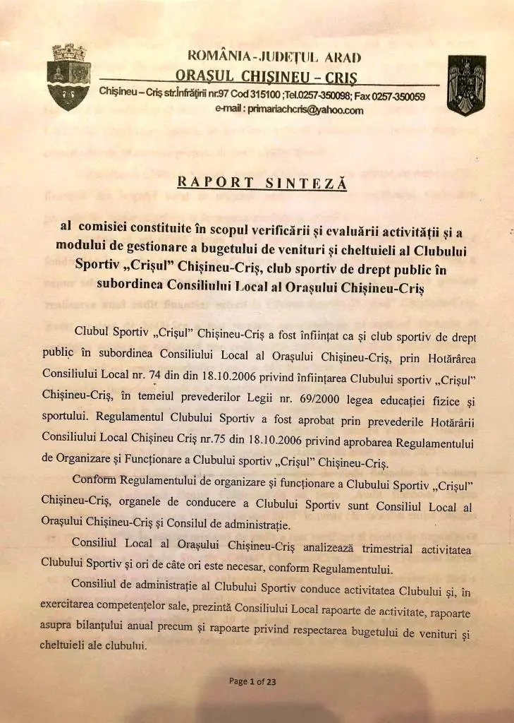 RAPORTUL SINTEZĂ al comisiei de verificare a modului în care s-au scurs BANII PUBLICI prin Clubul Sportiv „Crișul” la Primăria Chișineu-Criș scoate la iveală NEREGULI PENALE [DOCUMENTUL INTEGRAL + FACTURI / CHITANȚE]