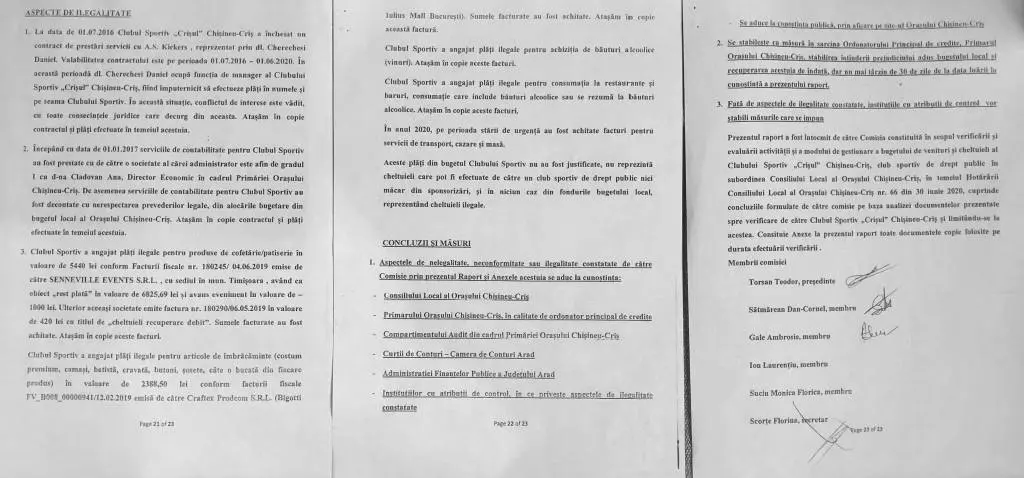 RAPORTUL SINTEZĂ al comisiei de verificare a modului în care s-au scurs BANII PUBLICI prin Clubul Sportiv „Crișul” la Primăria Chișineu-Criș scoate la iveală NEREGULI PENALE [DOCUMENTUL INTEGRAL + FACTURI / CHITANȚE]