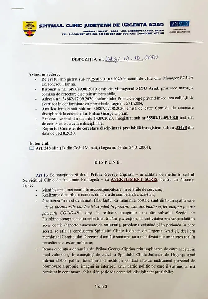 [ACTUALIZARE 3] „Proaspetei” Florina Ionescu i s-a pus pata pe „vechiul” George Pribac ca și cum el ar fi „inamicul nevăzut-necunoscut” al Spitalului Județean Arad!