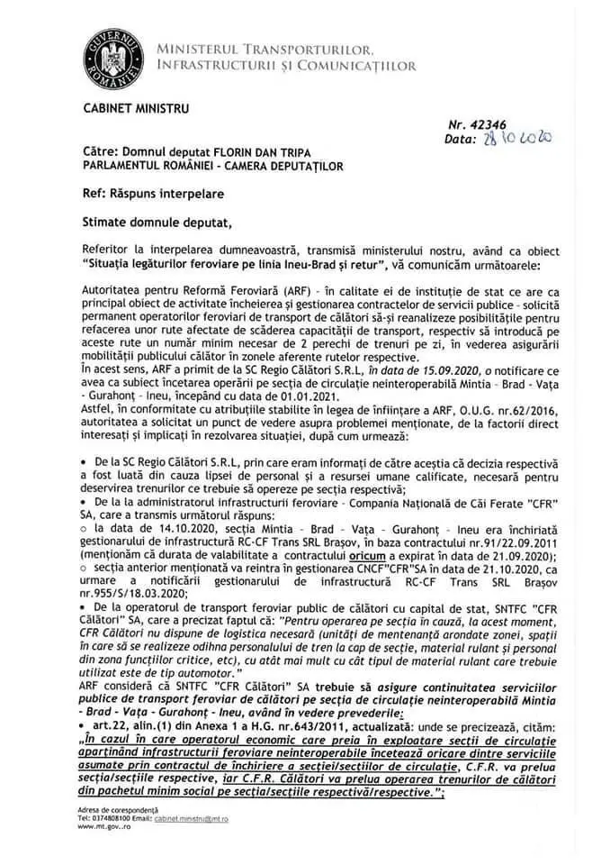[ACTUALIZARE] Ministrul Transporturilor confirmă: NICIUN TREN nu va mai circula pe ruta Arad - Brad de la 1 ianuarie 2021 [DOCUMENT OFICIAL] 