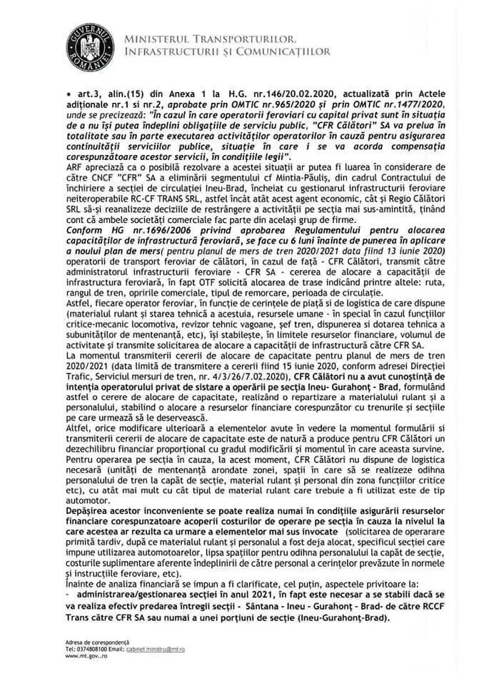 [ACTUALIZARE] Ministrul Transporturilor confirmă: NICIUN TREN nu va mai circula pe ruta Arad - Brad de la 1 ianuarie 2021 [DOCUMENT OFICIAL] 