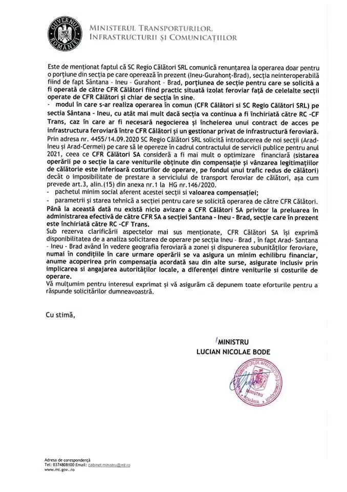 [ACTUALIZARE] Ministrul Transporturilor confirmă: NICIUN TREN nu va mai circula pe ruta Arad - Brad de la 1 ianuarie 2021 [DOCUMENT OFICIAL] 