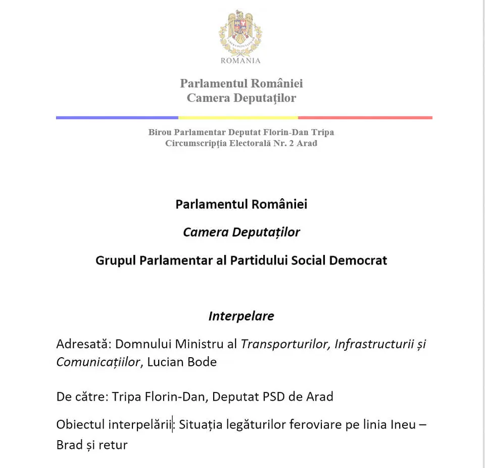 Ministrul Transporturilor, Lucian Bode, a fost interpelat OFICIAL și va trebui să dea un RĂSPUNS la situația critică a rutei de cale ferată INEU - BRAD