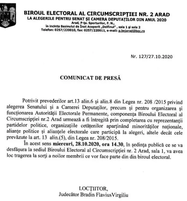 Miercuri va avea loc tragerea la sorți a membrilor Biroului Electoral pentru alegerile parlamentare