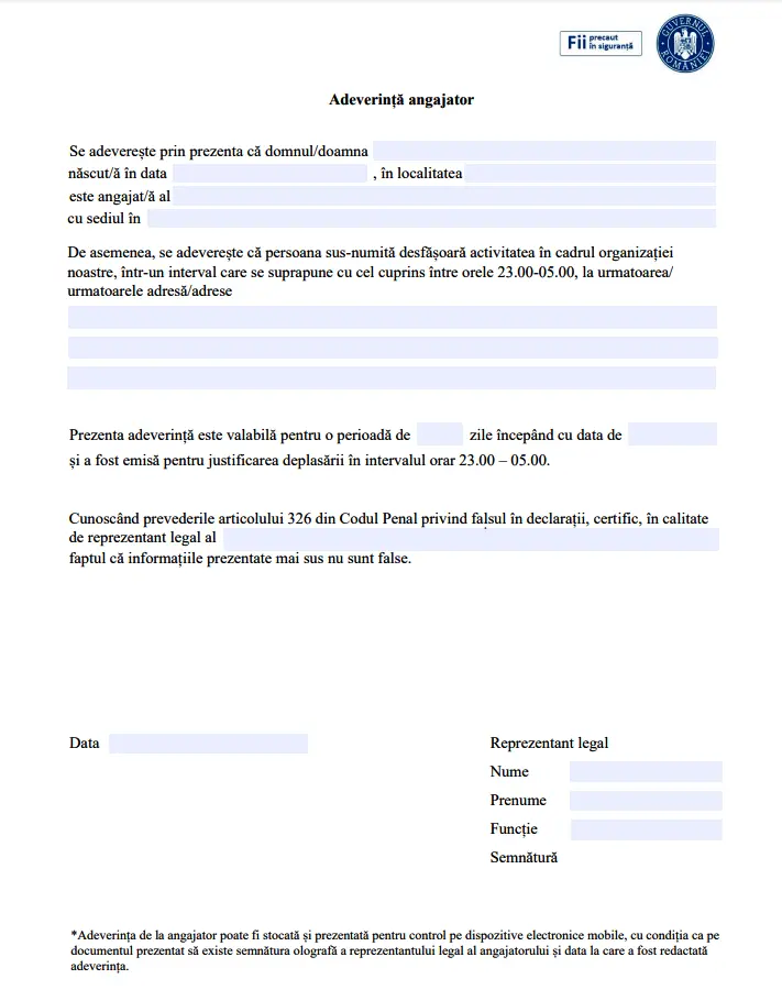 Modelele DECLARAȚIILOR PE PROPRIE RĂSPUNDERE și pentru ANGAJATORI fără de care nu e recomandabil să ieși noaptea din casă