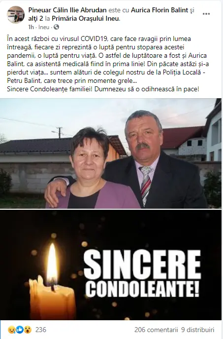 Încă un cadru medical din „prima linie” a murit de COVID. Aurica Balint era asistentă la Spitalul din INEU