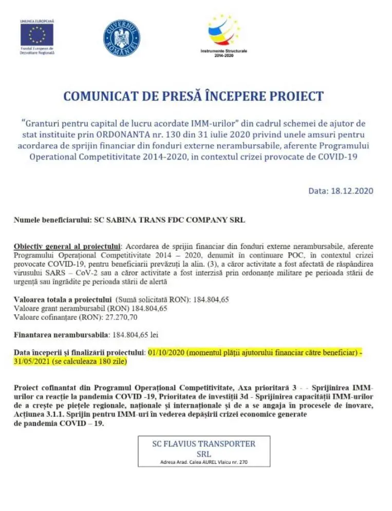 FLAVIUS TRANSPORTER SRL - Anunț începere proiect: „Granturi pentru capital de lucru acordate IMM-urilor"
