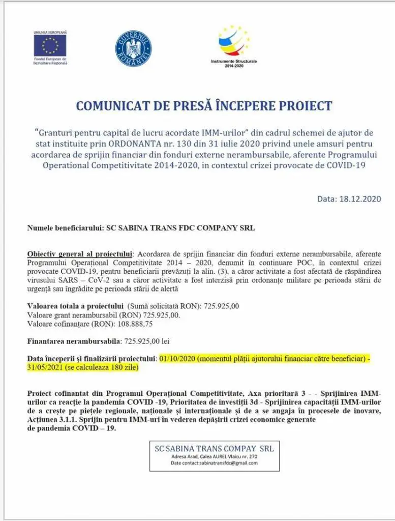 SABINA TRANS FDC COMPANY - Anunț începere proiect: „Granturi pentru capital de lucru acordate IMM-urilor”
