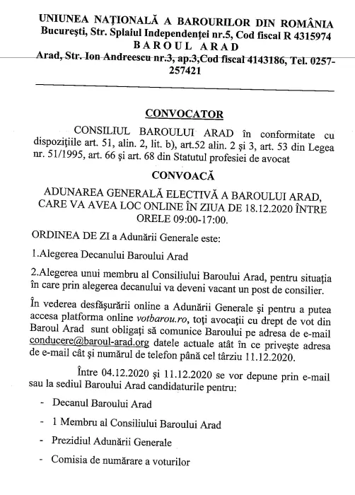 ALEGERI pentru funcția de DECAN al Baroului Arad