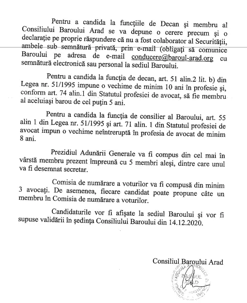 ALEGERI pentru funcția de DECAN al Baroului Arad