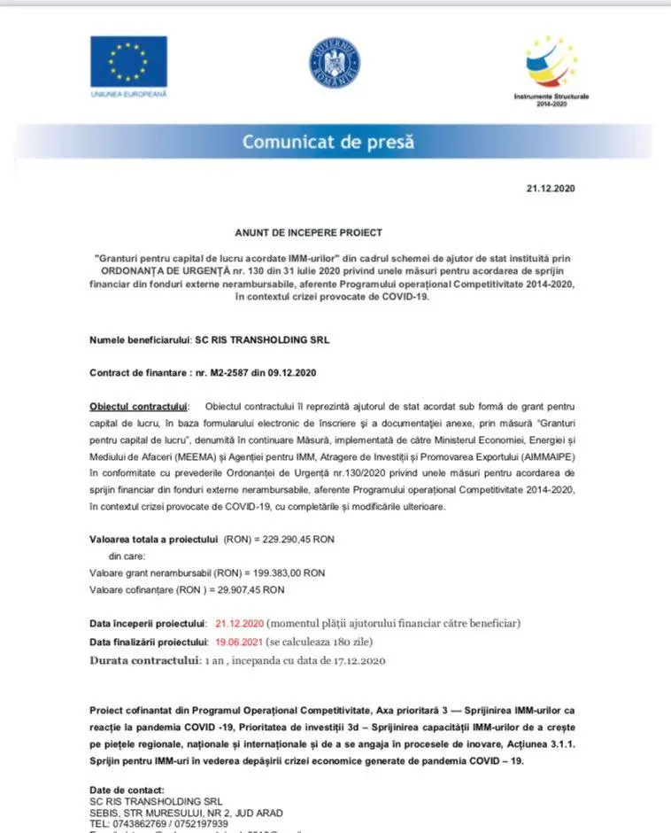 RIS TRANSHOLDING SRL - ANUNȚ DE ÎNCEPERE PROIECT: „Granturi pentru capital de lucru acordate IMM-urilor"