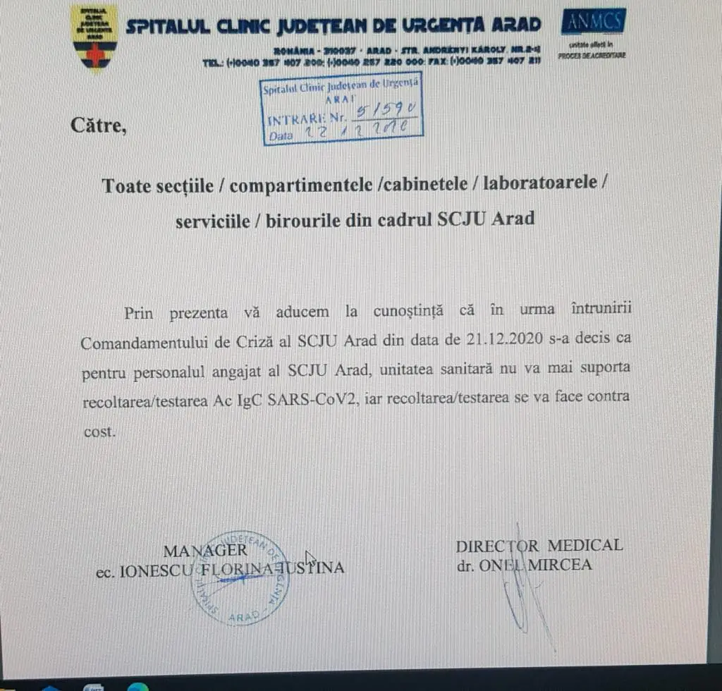 Spitalul Județean Arad este în COLAPS: „Unitatea nu poate să mai suporte nici TESTELE angajaților! Folosim REACTIVI EXPIRAȚI în TRANSFUZII! Personalul are mii de zile de concediu neefectuate! Directoarea de îngrijiri nu știe să gestioneze situația!”