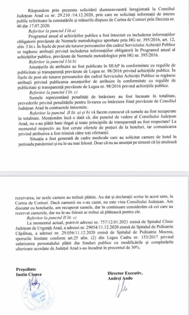 [ACTUALIZARE] Consiliul Județean Arad susține că a îndeplinit măsurile dispuse de Curtea de Conturi ca urmare a ,,Controlului modului de gestionare a resurselor publice pe perioada stării de urgență"