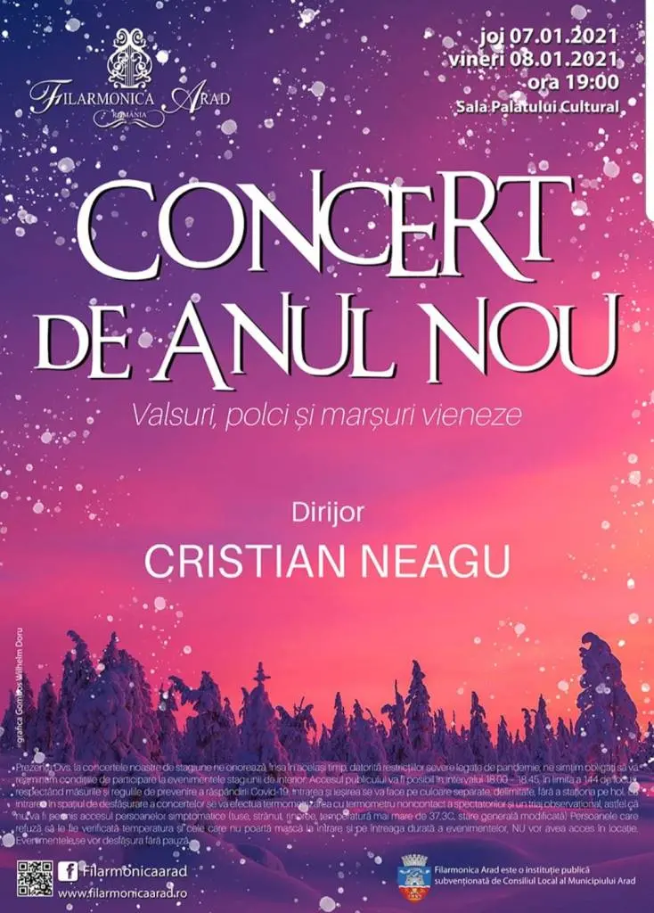 Filarmonica Arad reia concertele cu public, la 30 % din capacitatea sălii. Primul eveniment programat este concertul de Anul Nou din 7 și 8 ianuarie