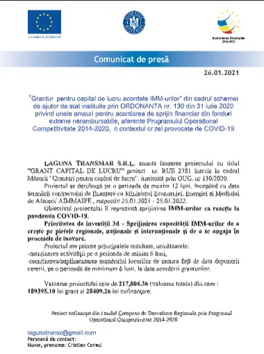 LAGUNA TRANSMAR SRL – Anunț începere proiect: „Granturi pentru capital de lucru acordate IMM-urilor”