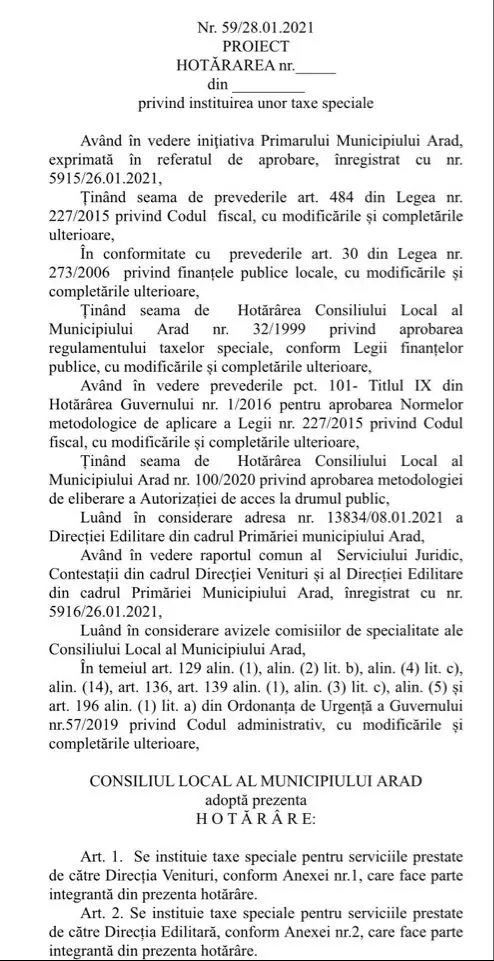 Primăria Arad intenționează să instituie noi taxe speciale. Proiectul de hotărâre este afișat la transparență [VEZI TAXELE SPECIALE]
