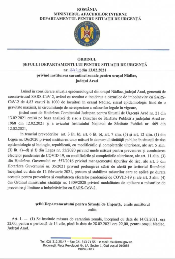 [ACTUALIZARE 2] Reguli suplimentare aplicabile în orașul Nădlac aflat în carantină. Acestea completează Ordinul de instituire a carantinei semnat de Raed Arafat [VEZI REGULILE]
