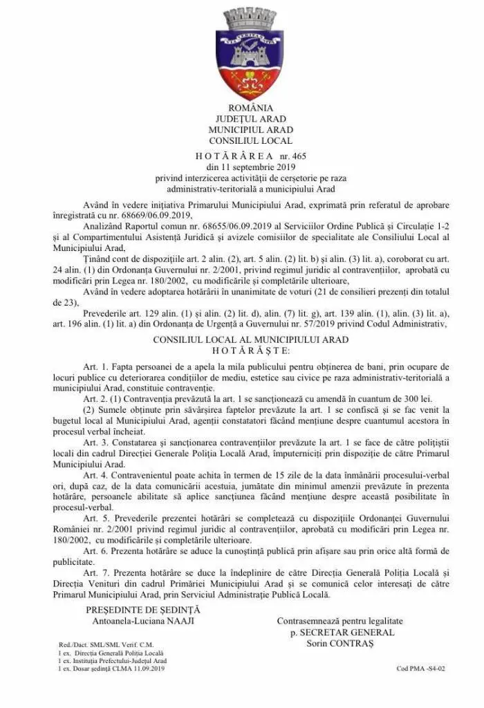 Confiscarea banilor de la cerșetori este reglementată în Arad încă din anul 2019
