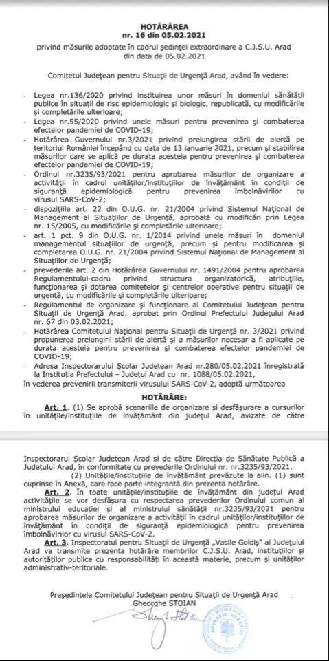 Scenariile aplicabile începând de luni, 8 februarie, în școlile din municipiul și județul Arad